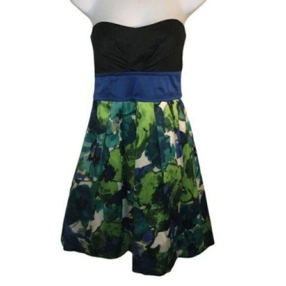 Teeze Me Satin Floral Tulle Underlay Strapless Dress Mini Juniors 9 Blue Black - Picture 1 of 7